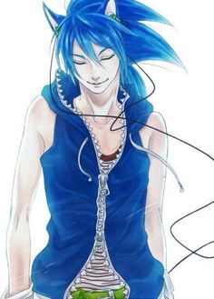 an anime character with blue hair and piercings on his head, holding a green object