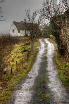 a dirt road that is next to some trees and grass with a house in the background