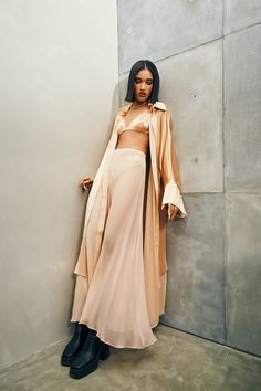 Ships 4 to 6 weeks from order date Details: Pale Blush Chiffon Slip on pant Neutral Beige Outfit, Chiffon Pants Outfit, Mutant Oc, Airy Outfits, Eclectic Outfit, Leo Lilith, Taupe Outfit, Eclectic Outfits, Miami Nights