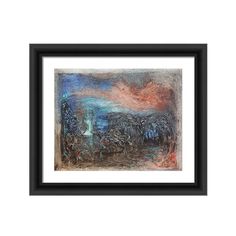 an abstract painting in black frame on a white wall with a red and blue sky