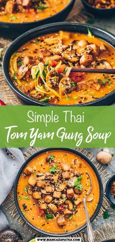 two bowls of tom yam gum soup with chopsticks on the side and text overlay that reads, simple thai tom yam gum soup