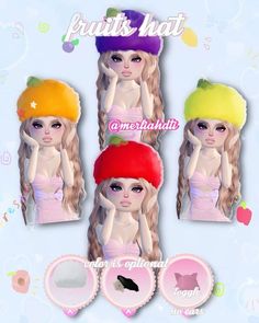 the girl is wearing three different hats on her head and two other hair styles are shown