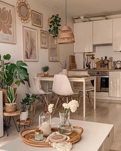 a living room filled with furniture and lots of plants on top of a coffee table