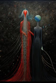 two women standing next to each other in front of a space filled with stars and planets