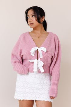 pink knit cardigan sweater dolman long sleeve cuff white ribbon bow tie closure stretchy v neckline Pink Holiday Outfits, Light Pink Outfit Ideas, Pink Cardigan Outfit, Rad Outfits, Coquette Winter, Coquette Clothing, Fairy Room, Semi Cropped, Pink Holiday