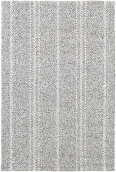 a gray and white rug with vertical stripes