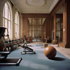 there are many exercise equipment in the room and one has an orange ball on the floor