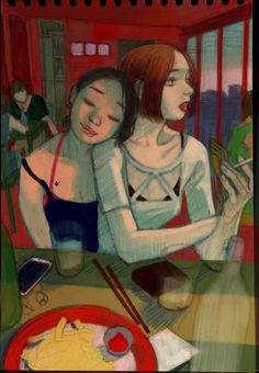 two women sitting at a table with chopsticks in their hands and one woman holding her head