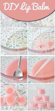 the steps to make diy lip balm with pink liquid and plastic cups on top