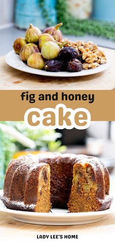 a cake sitting on top of a white plate next to some figs and honey