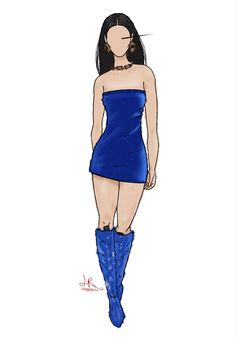 a drawing of a woman in a blue dress and knee high boots with her back turned to the camera