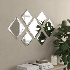 three mirrors are hanging on the wall near a potted plant and a white vase