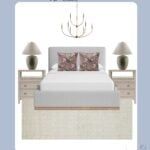 a white bed sitting under a chandelier next to two nightstands with lamps