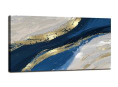 an abstract painting with blue and gold paint on it's canvas, in the shape of waves