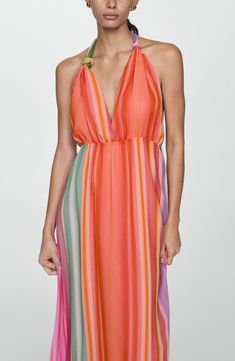 Colorful stripes splash bright energy onto this maxi-length sundress with a stunning open back. Ties at neck Halter neck Adjustable tie straps Lined 100% polyester Machine wash, line dry Made in Turkey Chic Multicolor Maxi Dress For Beach Cover-up, Beachwear Maxi Dress For Summer Parties, Striped Maxi Dress For Beach Cover-up, Spring Halter Maxi Dress For Summer Parties, Multicolor Backless Beachwear Dress, Multicolor Maxi Dress With Tie Back, Multicolor Backless Dresses For Summer Parties, Orange Summer Halter Neck Dress, Multicolor Midi Dress For Summer Parties