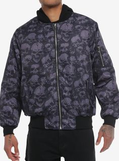 Keep it deadly in this bomber jacket! Comes with an allover grey skull print  front pockets and zipper detailing on the sleeve. Complete with an attached hood.Self: 100% polyesterContrast: 100% cottonWash cold; dry lowImportedListed in men'sunisex sizesModel is 6'1''Model wears size Medium Edgy Streetwear Outerwear With Ykk Zipper, Casual Long Sleeve Outerwear With Skull Print, Gray Streetwear Outerwear With Zipper Closure, Gray Zipper Outerwear For Streetwear, Gray Zipper Closure Outerwear For Streetwear, Winter Skull Print Streetwear Outerwear, Winter Skull Print Outerwear For Streetwear, Gray Hooded Outerwear With Graphic Print, Black Edgy Outerwear With Skull Print