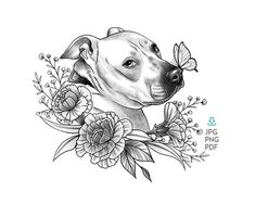 a dog with flowers and a butterfly on it's nose, in black and white