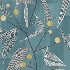 a blue and yellow wallpaper with leaves and circles on the top of it,