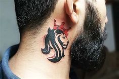 a man with a tattoo on his neck wearing a beard and a crown behind his ear