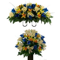 two vases with flowers on top of each other in front of a white background