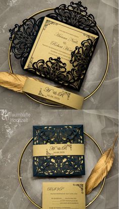 two different types of wedding cards with gold and black paper on them, one in the middle