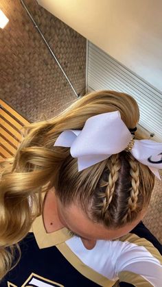 Preppy Cheer Hairstyles, Cheer Comp Hairstyles With Bows, Cheer Comp Hair High Pony, Hairstyles For Cheer Games, Unique Cheer Hairstyles, Competition Cheer Hairstyles, Cheer Competition Hairstyles With Bows, Comp Cheer Hairstyles, Cheer Hairstyles Practice