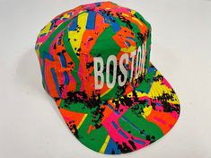 Vintage 90's Boston SPLASH Paint SPLATTER Cap Bright Hat NEON HiP HoP Multi-Color Cotton Snap Back Multicolor Streetwear Hat, One Size Fits Most, Retro Multicolor Snapback Baseball Cap, Multicolor Trucker Hat For Summer Streetwear, Multicolor Snapback Baseball Cap For Streetwear, Multicolor Cap For Streetwear, Trendy Multicolor Snapback Hat For Streetwear, Trendy Multicolor Flat Brim Baseball Cap, Retro Multicolor Snapback Hat, Multicolor Baseball Cap For Spring Streetwear