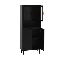 a black cabinet with two doors and drawers