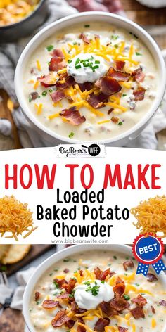 two bowls of loaded baked potato chowder with bacon, cheese and sour cream on top