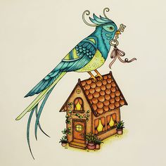 a drawing of a bird on top of a house with a key in it's mouth