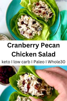 chicken salad in lettuce leaves with cranberry sauce on the side and another image