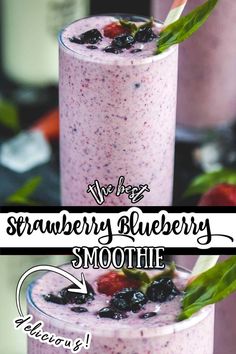 two smoothies with strawberries and blueberries in them