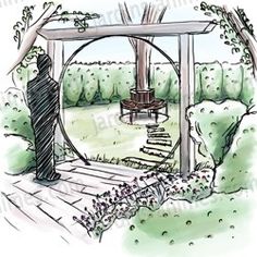 a drawing of a gazebo in the middle of a park with a man standing under it