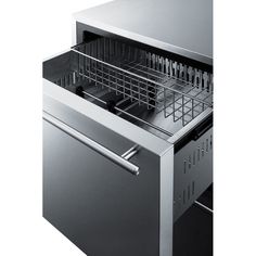 an open dishwasher sitting on top of a counter