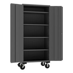 a gray metal cabinet with wheels and shelves