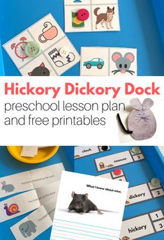 a blue tray filled with pictures and words that read hickoy dickory dock preschool lesson