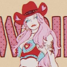 a drawing of a girl with pink hair and a cowboy hat in front of the word mom