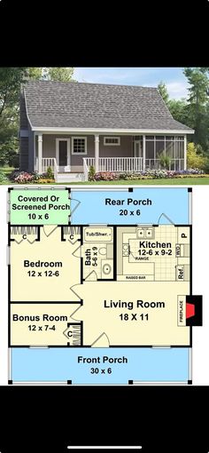 the floor plan for a small house with two bedroom and an attached porch, is shown