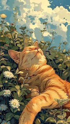 a painting of a cat laying on its back in the grass with flowers around it