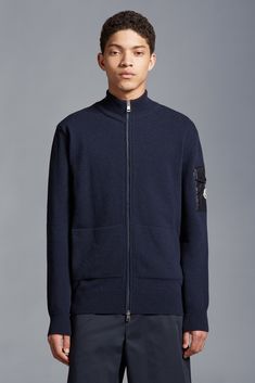 Unmistakably Moncler, this wool cardigan fuses the brand's sporty spirit and classic aesthetic. The mid-weight knit is embellished with an iconic patch pocket on the sleeve. Casual Wool Cardigan With Patch Pockets, Winter Wool Cardigan With Patch Pockets, Down Jackets, Wool Cardigan, Zip Up, Down Jacket, High Performance, Plum, Zip Ups