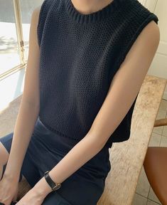 Black Crewneck Knitted Vest | Moonbyul - Mamamoo S Regular Fit Chic Black Sleeveless Sweater, Black Turtleneck Sweater Vest For Fall, Black Knit Sweater Vest For Work, Black Knit Turtleneck Top, Black Chunky Knit Crew Neck Top, Casual Black Knitted Top, Black Chunky Knit Top For Spring, Black Crew Neck Sweater Vest For Layering, Black Knitted Sweater Vest For Layering