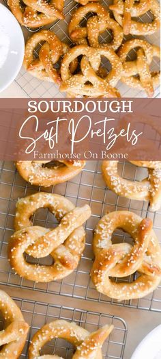 homemade soft pretzels on a cooling rack with text overlay that says sourdough soft pretzels