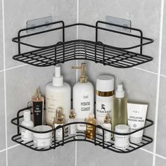 a bathroom shelf filled with personal care items