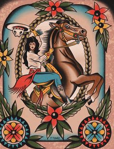 a drawing of a woman riding on the back of a horse in front of flowers