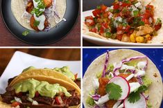 four different types of tacos on plates