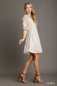 #color_oatmeal Beige A-line Lace Dress With Lace Trim, Spring Neutral Linen Dress, Spring Beige Linen Dress With Short Sleeves, Beige Linen Short Sleeve Dress For Spring, Short Sleeve Beige Linen Dress For Spring, Feminine Cream Lace Dress For Spring, Beige Cotton Mini Dress With Lace Trim, Spring Dresses With Lace Short Sleeves, Spring Lace Dress With Lace Sleeves