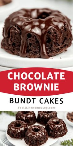 chocolate brownie bundt cakes on white plates with text overlay