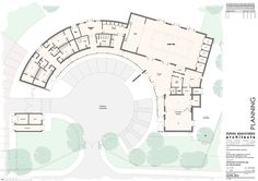 an architectural drawing shows the ground plan for a building with multiple floors and two stories