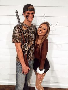 Bambi Couple Costume, Cute Easy Couples Halloween Costumes, Deer Snd Hunter Costume, Hunting Costume Ideas, Country Costumes For Couples, Hunting Couple Halloween Costumes, 2 Man Halloween Costume, Hunter Deer Couple Costume, Hunter And Dear Costume