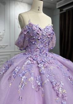 Lavender Quinceanera Ball Gown Pearl and Embroidered Lace With 3D Flowers, off Shoulder Sleeves and Sweetheart Neckline, Corset Back, Train - Etsy Purple Sweet Sixteen Dresses, Lilac Quinceanera Dresses, Lavender Quinceanera, Purple Quinceanera, Purple Ball Gown, Purple Quince, Short Sleeve Prom Dresses, Purple Quinceanera Dresses, Quincenera Dresses